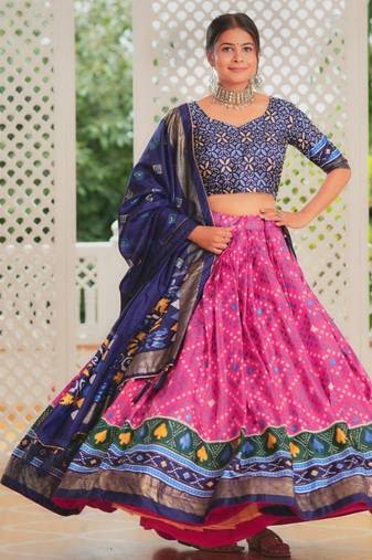 pink tussar silk traditional printed lehenga choli