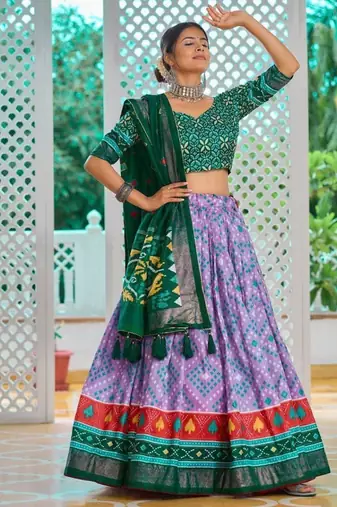 purple tussar silk traditional printed lehenga choli