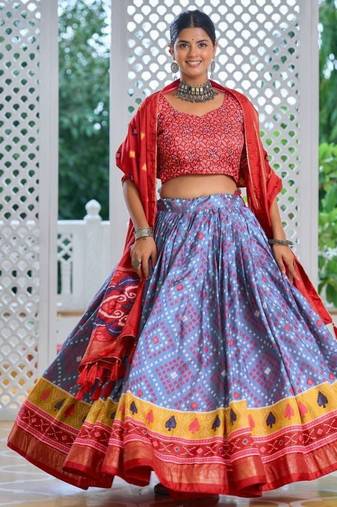 sky blue tussar silk traditional printed lehenga choli