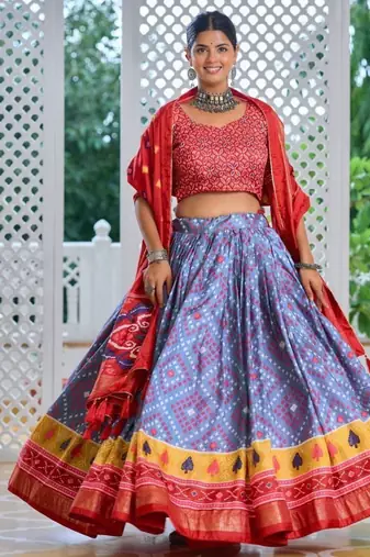 sky blue tussar silk traditional printed lehenga choli