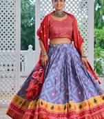 sky blue tussar silk traditional printed lehenga choli
