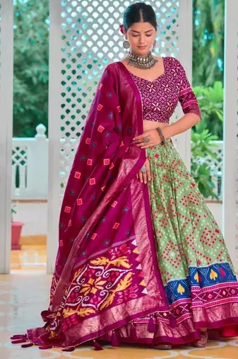 light green tussar silk traditional printed lehenga choli