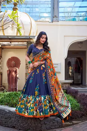 navy blue tussar silk traditional printed lehenga choli