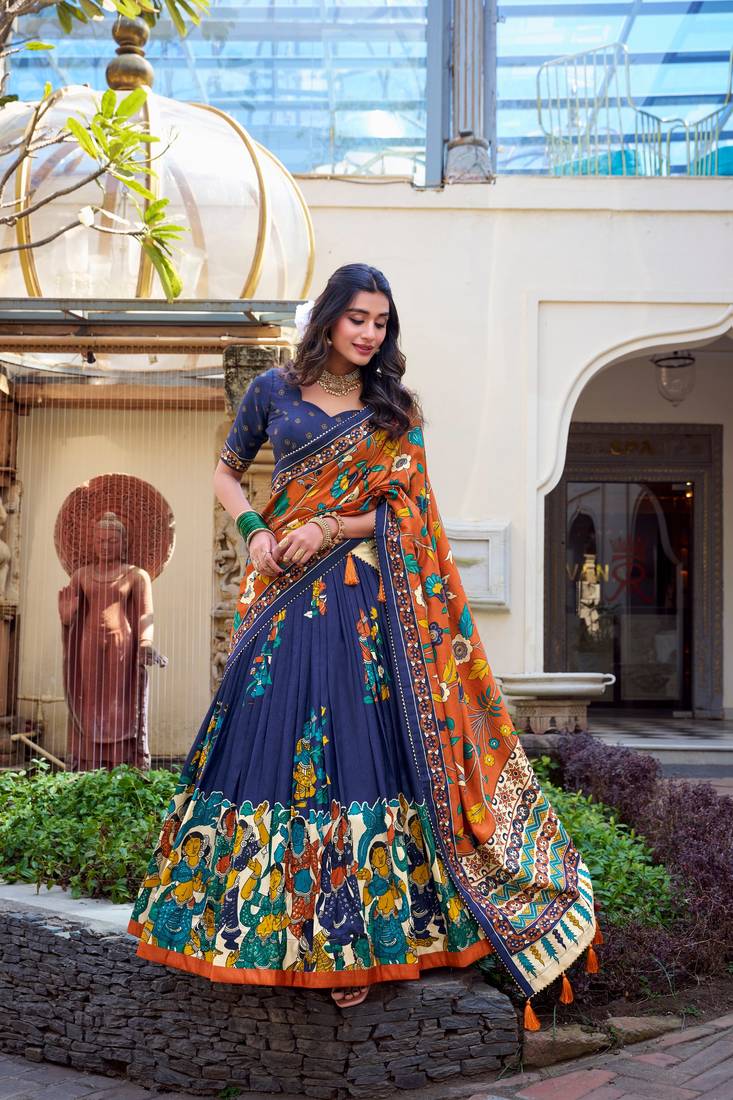 navy blue tussar silk traditional printed lehenga choli
