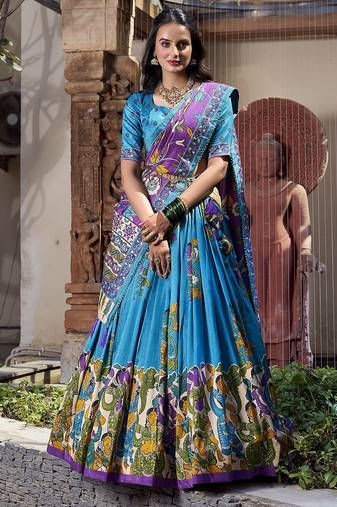 sky blue tussar silk traditional printed lehenga choli