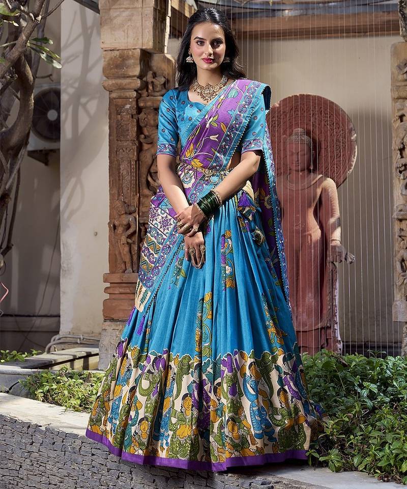 sky blue tussar silk traditional printed lehenga choli