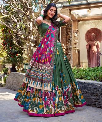 green tussar silk traditional printed lehenga choli 1