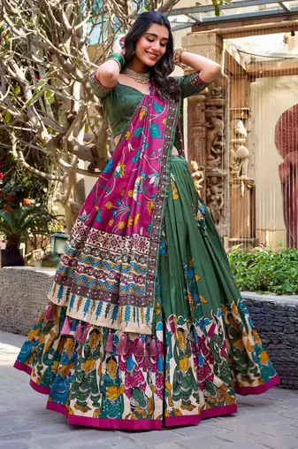 green tussar silk traditional printed lehenga choli