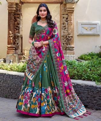 green tussar silk traditional printed lehenga choli 2