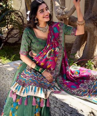 green tussar silk traditional printed lehenga choli 3