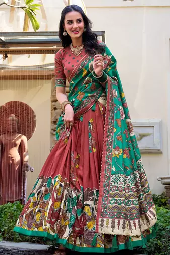 rust red tussar silk traditional printed lehenga choli