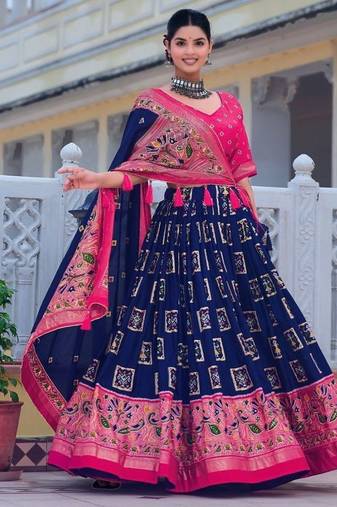 blue tussar silk traditional printed lehenga choli
