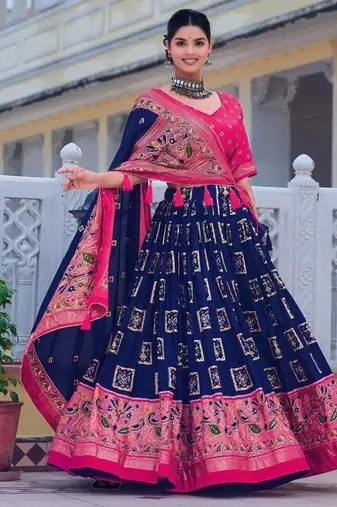 blue tussar silk traditional printed lehenga choli