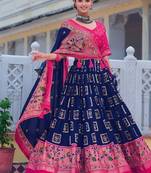 blue tussar silk traditional printed lehenga choli