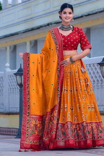 yellow tussar silk traditional printed lehenga choli