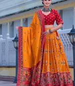 yellow tussar silk traditional printed lehenga choli