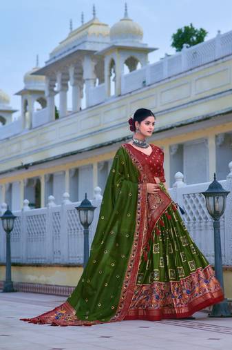 green tussar silk traditional printed lehenga choli