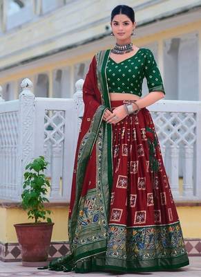 maroon tussar silk traditional printed lehenga choli 1