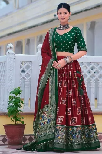 maroon tussar silk traditional printed lehenga choli