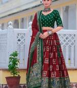 maroon tussar silk traditional printed lehenga choli