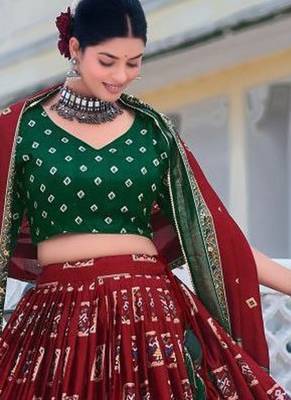 maroon tussar silk traditional printed lehenga choli 2