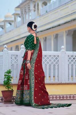 maroon tussar silk traditional printed lehenga choli 3