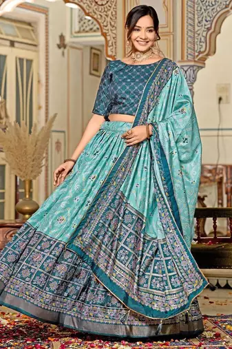 sky blue tussar silk traditional printed lehenga choli