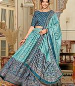 sky blue tussar silk traditional printed lehenga choli