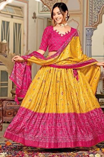 yellow tussar silk traditional printed lehenga choli