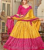 yellow tussar silk traditional printed lehenga choli