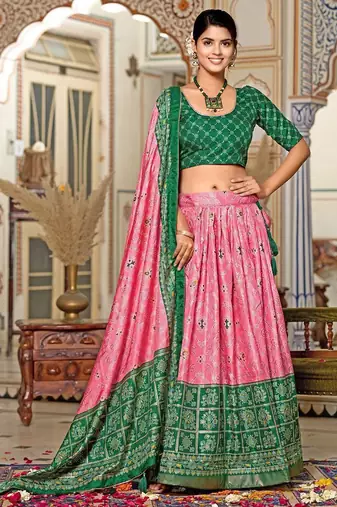 pink tussar silk traditional printed lehenga choli