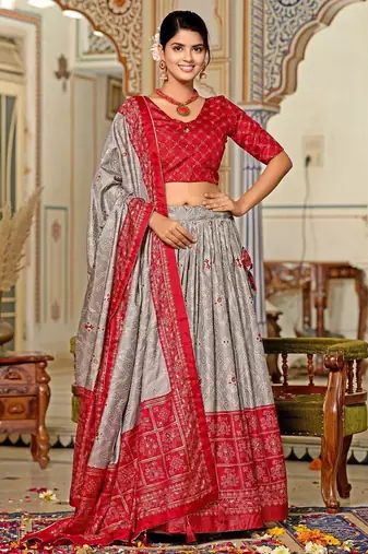 grey tussar silk traditional printed lehenga choli