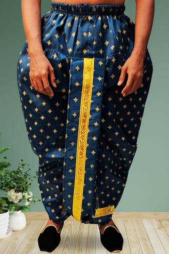 Dark blue printed pitambari ready to wear silk dhoti (Free Size)