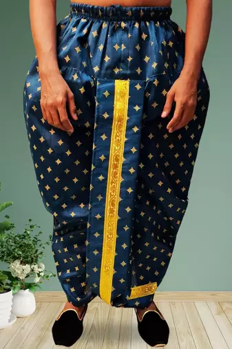 Dark blue printed pitambari ready to wear silk dhoti (Free Size)
