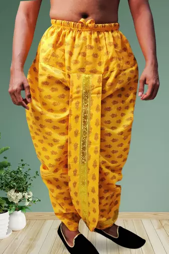 Yellow printed pitambari ready to wear cotton dhoti