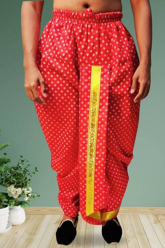 Red printed pitambari ready to wear silk dhoti (Free Size)