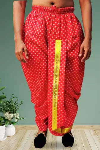 Red printed pitambari ready to wear silk dhoti (Free Size)