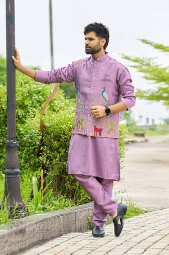 "lavender purple malai satin kurta with embroidery work nehru jacket