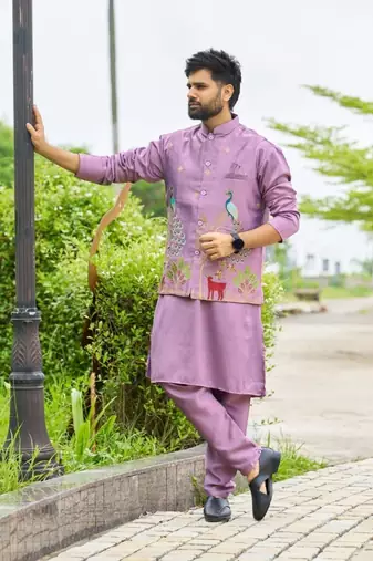 "lavender purple malai satin kurta with embroidery work nehru jacket
