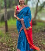 Blue maheswari cotton saree with unstitched blouse piece