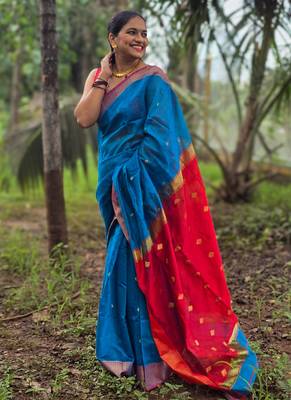 Blue maheswari cotton saree with unstitched blouse piece 3