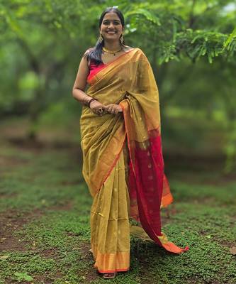 Mustard maheswari cotton saree with unstitched blouse piece 1