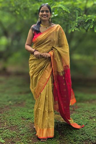 Mustard maheswari cotton saree with unstitched blouse piece