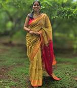 Mustard maheswari cotton saree with unstitched blouse piece