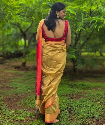 Mustard maheswari cotton saree with unstitched blouse piece 2