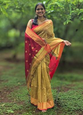Mustard maheswari cotton saree with unstitched blouse piece 3