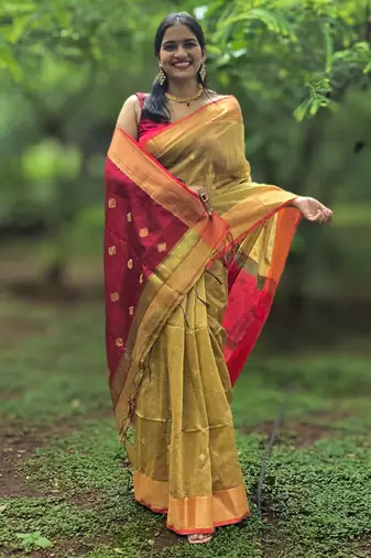 Mustard maheswari cotton saree with unstitched blouse piece