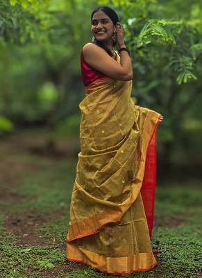 Mustard maheswari cotton saree with unstitched blouse piece 4