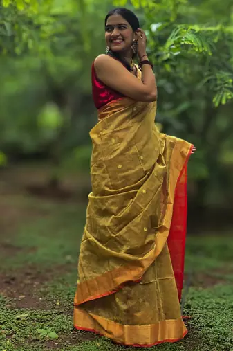 Mustard maheswari cotton saree with unstitched blouse piece
