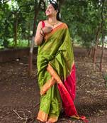 Green maheswari cotton saree with unstitched blouse piece
